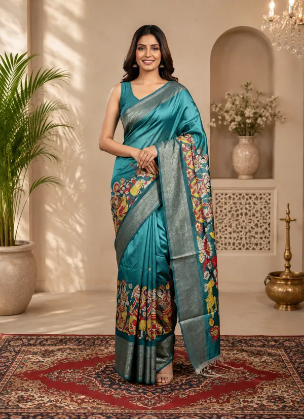 Teal_Art_Silk_Kalamkari_Printed_Saree_For_Women