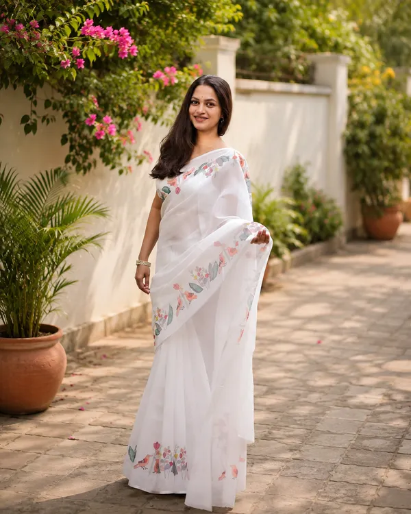 White_Linen_Cotton_Floral_Print_Saree_For_Women