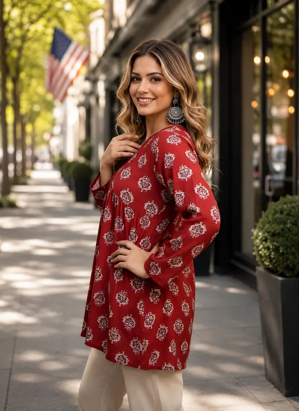 Red_Cotton_Flared_Printed_Kurti_For_Women