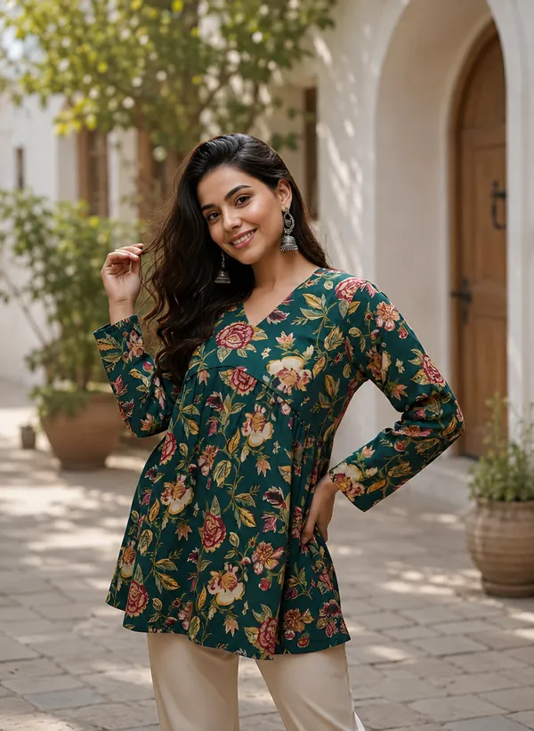 Teal_Cotton_Flared_Floral_Print_Tunic_For_Women