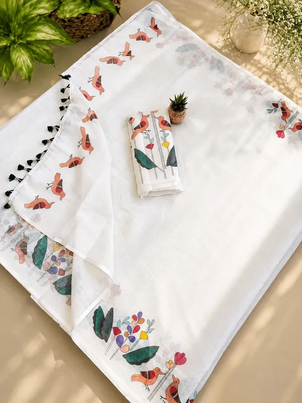 White_Linen_Cotton_Floral_Print_Saree_For_Women
