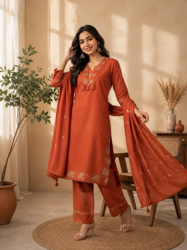 Orange_Cotton_Straight_Embroidered_Kurta_Set_For_Women