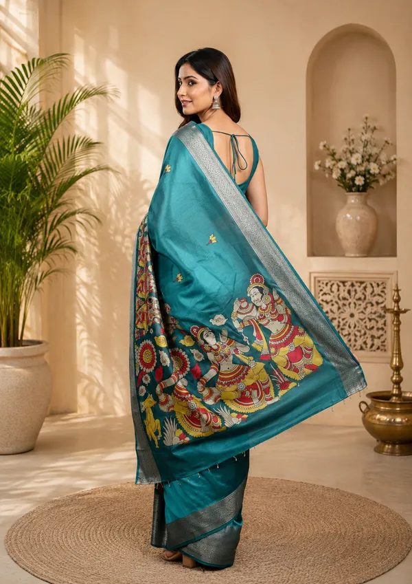 Teal_Art_Silk_Kalamkari_Printed_Saree_For_Women