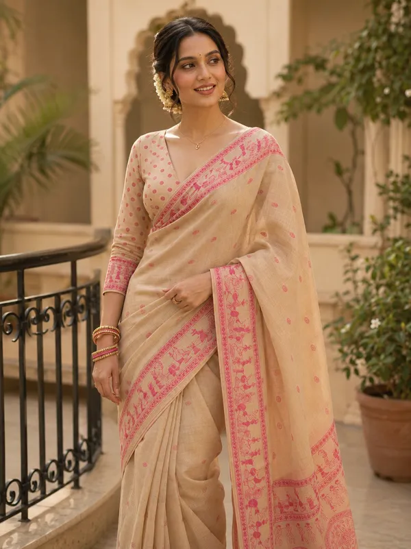 Beige_Cotton_Woven_Printed_Saree_For_Women