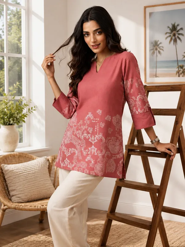 Pink_Linen_Cotton_Straight_Printed_Kurti_For_Women