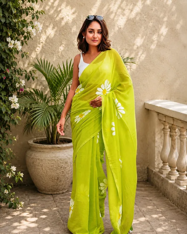 Green_Linen_Cotton_Floral_Print_Saree_For_Women