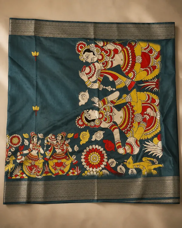 Teal_Art_Silk_Kalamkari_Printed_Saree_For_Women