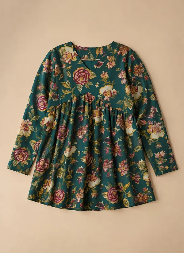 Teal_Cotton_Flared_Floral_Print_Tunic_For_Women