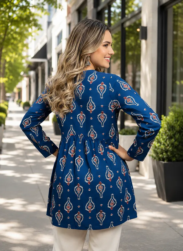 Blue_Cotton_Gathered_Paisley_Print_Kurti_For_Women