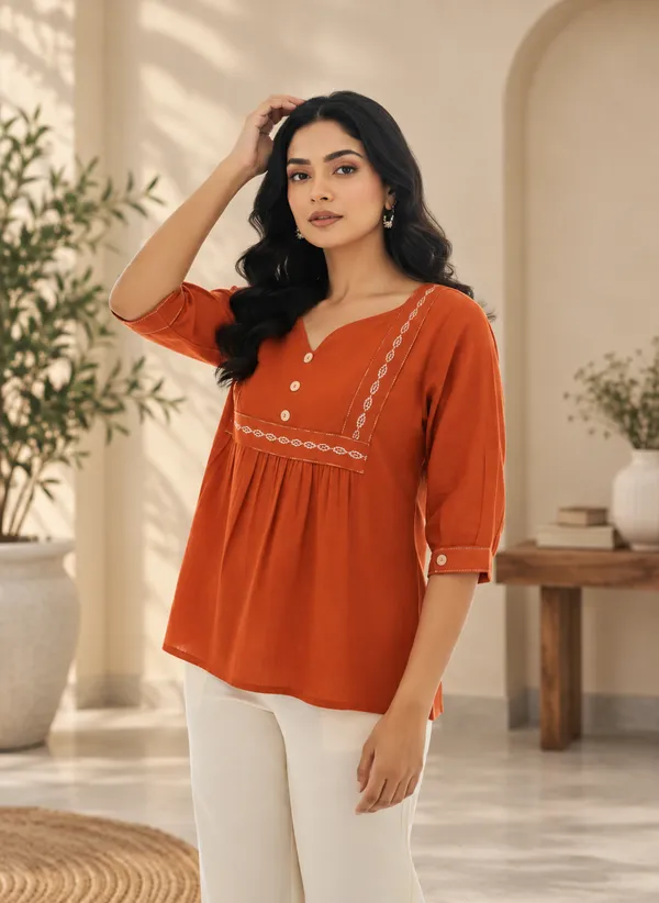 Women_Rust_Orange_Embroidered_Cotton_Top