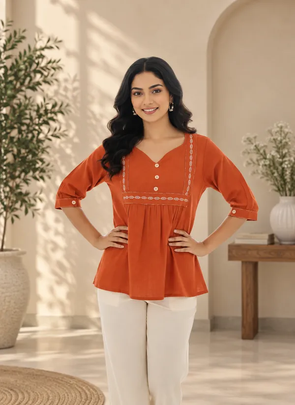 Women_Rust_Orange_Embroidered_Cotton_Top