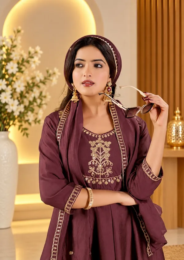 Women’s_Burgundy_Vichitra_Silk_Embroidered_Anarkali_Kurta_Set_with_Dupatta