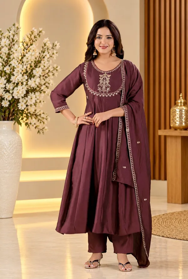 Women’s_Burgundy_Vichitra_Silk_Embroidered_Anarkali_Kurta_Set_with_Dupatta