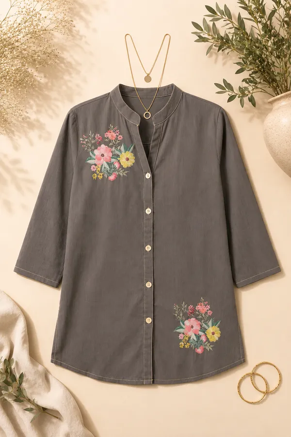 Grey_Cotton_Floral_Embroidered_Button_Front_Tunic_For_Women