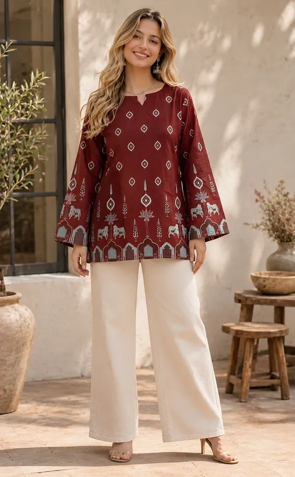Maroon_Cotton_Straight_Printed_Kurti_For_Women