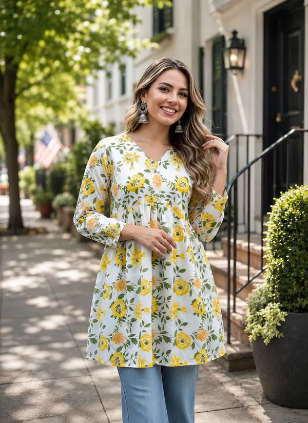 White_And_Yellow_Cotton_Fit_And_Flare_Floral_Printed_Kurti_For_Women
