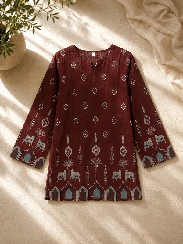 Maroon_Cotton_Straight_Printed_Kurti_For_Women