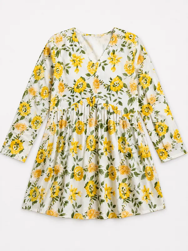 White_And_Yellow_Cotton_Fit_And_Flare_Floral_Printed_Kurti_For_Women