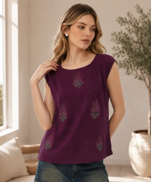 Purple_Slub_Cotton_Rhinestone_Work_Top_For_Women