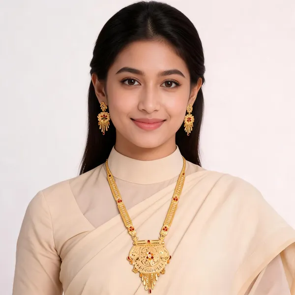Gold_Brass_Floral_Red_Accent_Traditional_Necklace_And_Earrings_Set_For_Women