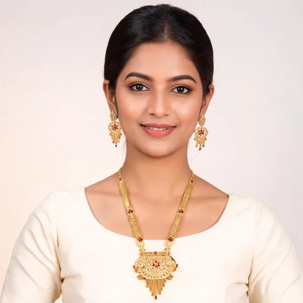 Gold_Brass_Floral_Red_Accent_Traditional_Necklace_And_Earrings_Set_For_Women