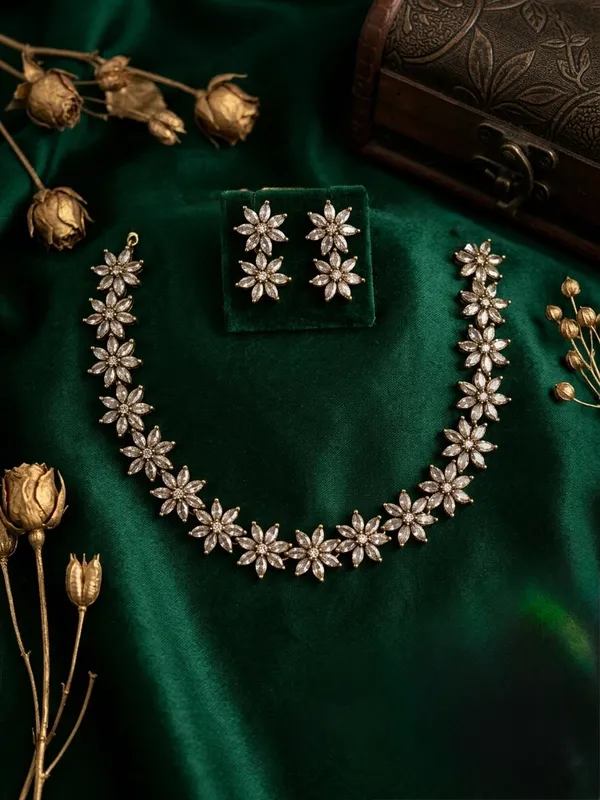 Gold_American_Diamond_Floral_Necklace_Set_With_Earrings_For_Women