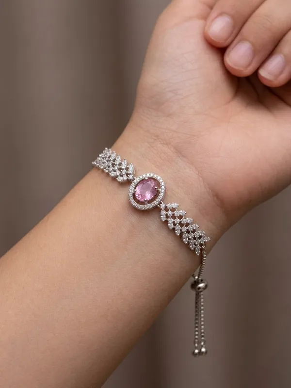 Silver_Pink_American_Diamond_Leaf_Stone_Bracelet_For_Women