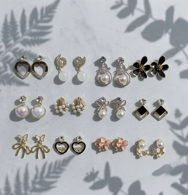 Multicolour_Zinc_Alloy_Pearl_Crystal_Earrings_Set_Of_12_For_Women