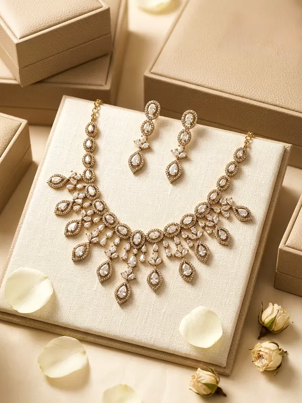 Gold_American_Diamond_Crystal_Necklace_&_Earrings_Set_For_Women