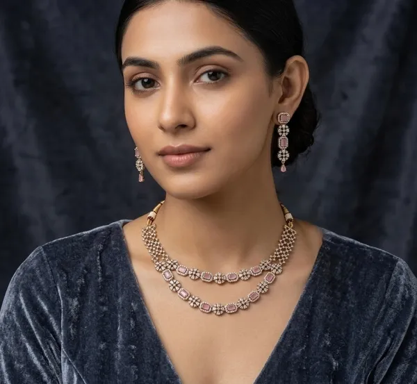 Gold_Pink_American_Diamond_Layered_Necklace_Set_For_Women