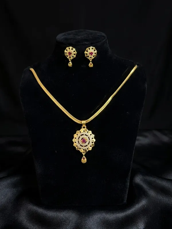 Gold_American_Diamond_Red_Stone_Necklace_&_Earrings_Set_For_Women