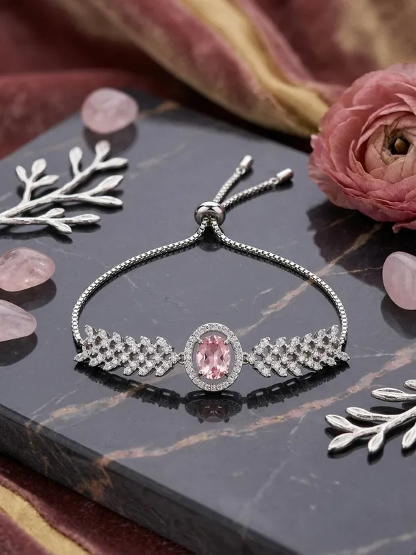 Silver_Pink_American_Diamond_Leaf_Stone_Bracelet_For_Women