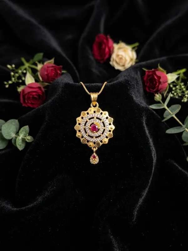 Gold_American_Diamond_Red_Stone_Necklace_&_Earrings_Set_For_Women