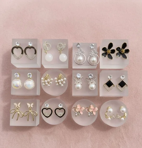 Multicolour_Zinc_Alloy_Pearl_Crystal_Earrings_Set_Of_12_For_Women