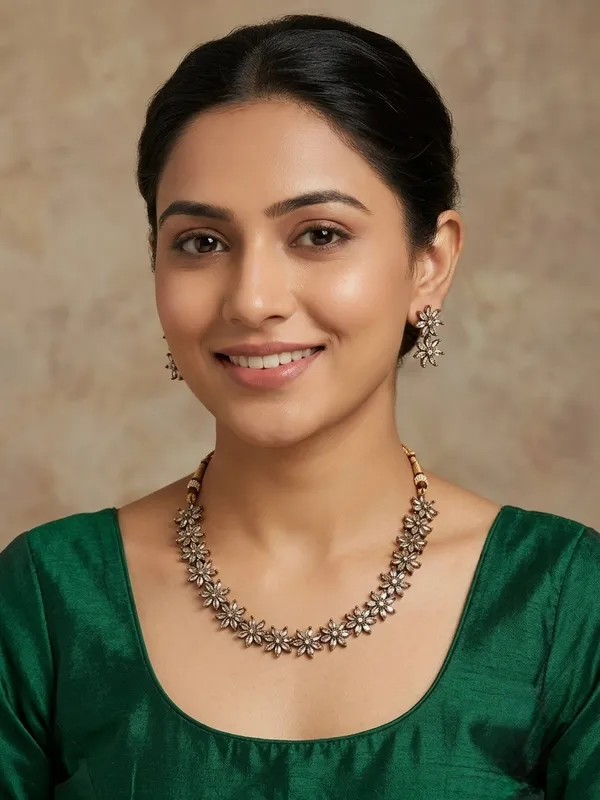 Gold_American_Diamond_Floral_Necklace_Set_With_Earrings_For_Women