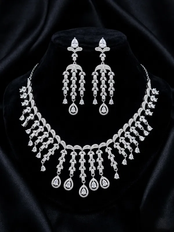 Silver_American_Diamond_Cascading_Teardrop_Necklace_&_Earrings_Set_For_Women