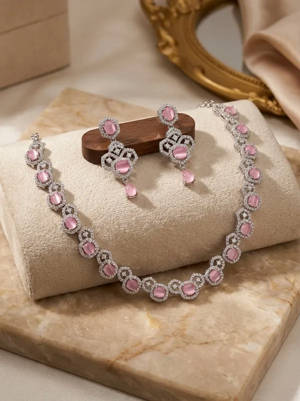 Silver_Pink_Oval_Stone_Necklace_And_Earrings_Set_For_Women