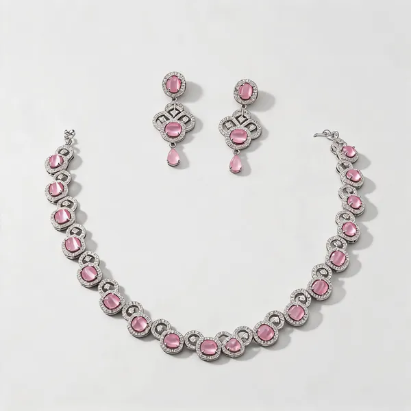 Silver_Pink_Oval_Stone_Necklace_And_Earrings_Set_For_Women