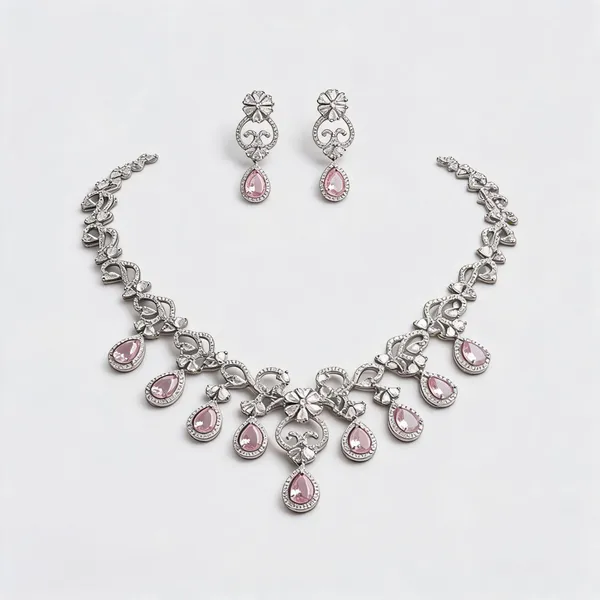 Silver_&_Pink_American_Diamond_Teardrop_Necklace_&_Earrings_Set_For_Women
