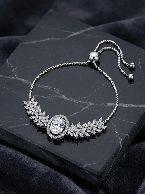 Silver_American_Diamond_Crystal_Leaf_Adjustable_Bracelet_For_Women
