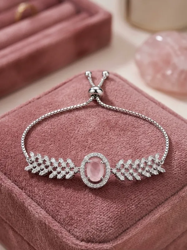 Silver_Pink_American_Diamond_Leaf_Stone_Bracelet_For_Women