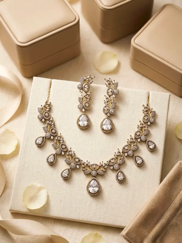 Gold_American_Diamond_Floral_Teardrop_Necklace_Set_For_Women