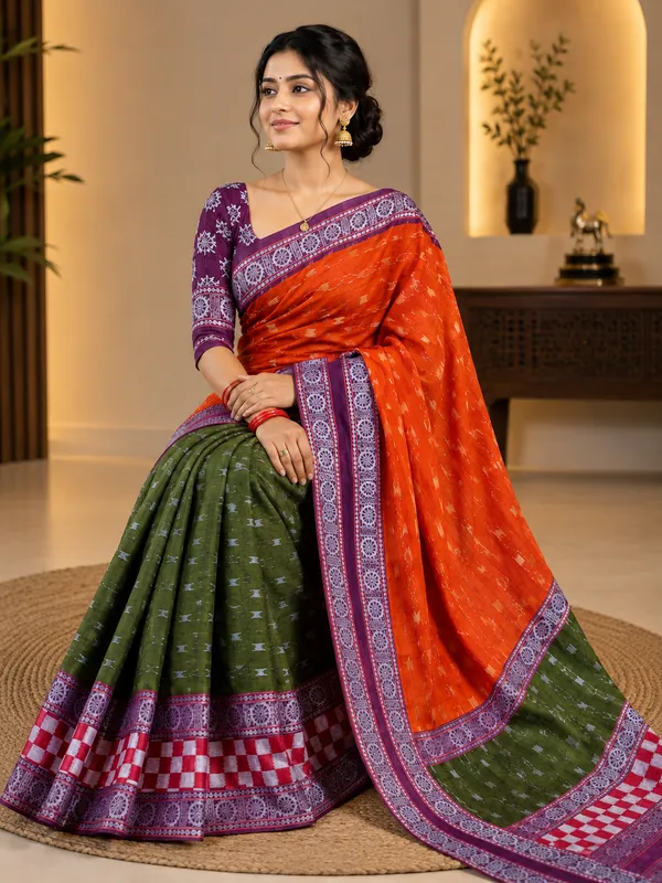 Orange_Cotton_Printed_Saree_For_Women