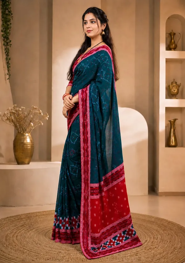 Blue_Red_Cotton_Printed_Ethnic_Saree_For_Women
