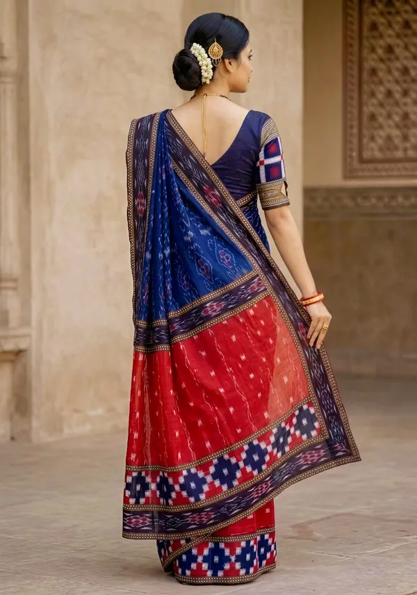 Blue_Red_Cotton_Printed_Saree_For_Women