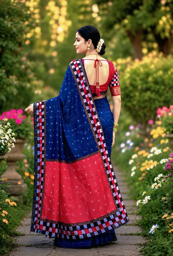 Blue_Red_Cotton_Printed_Saree_For_Women