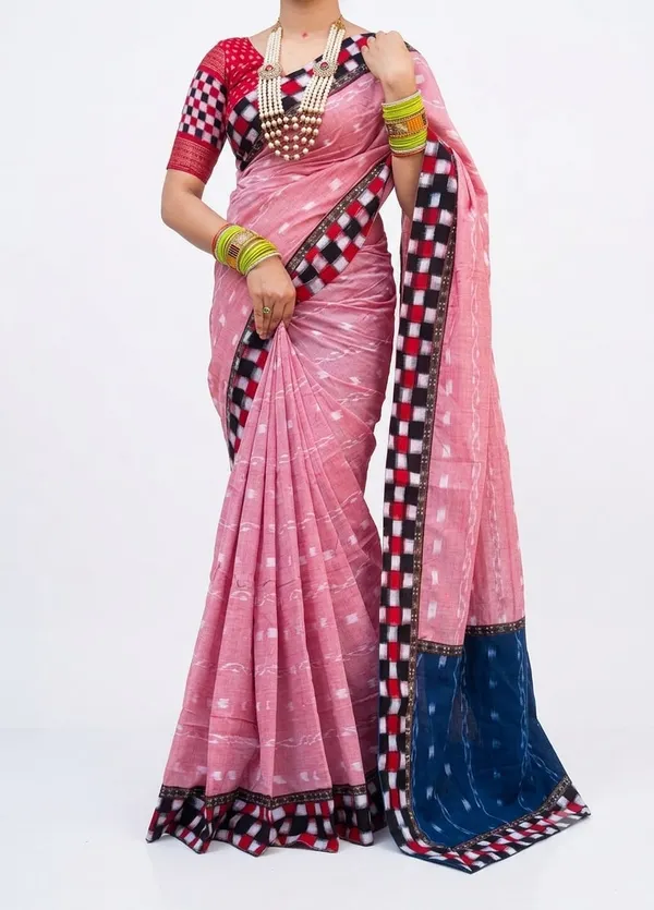 Pink_Blue_Cotton_Contrast_Border_Saree_For_Women