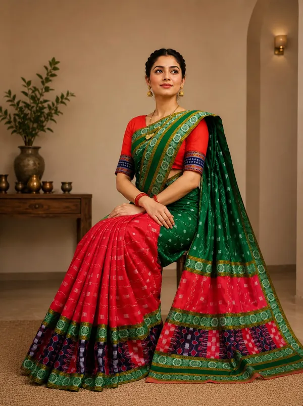 Green_Red_Cotton_Sambalpuri_Saree_For_Women