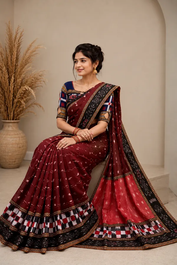 Maroon_Cotton_Woven_Ikat_Saree_For_Women