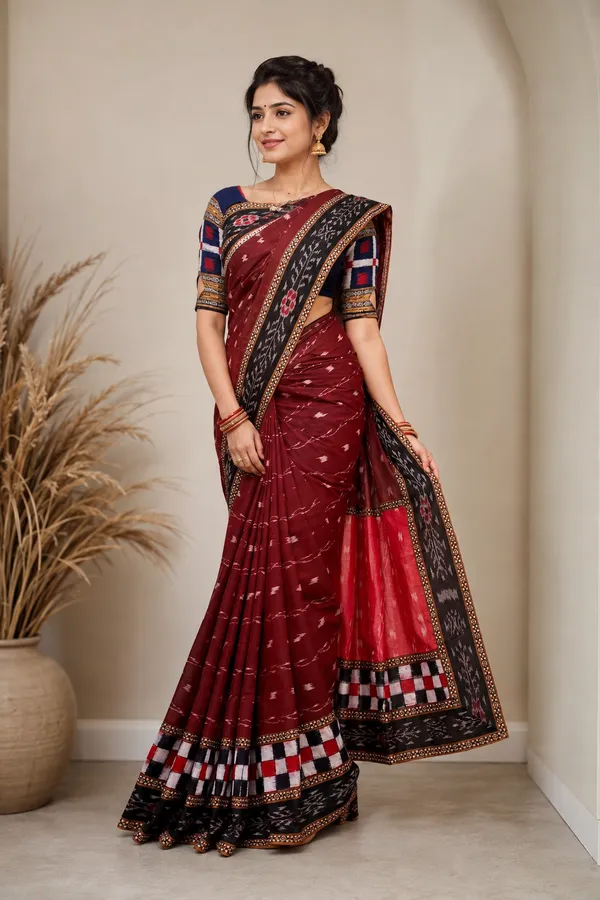 Maroon_Cotton_Woven_Ikat_Saree_For_Women